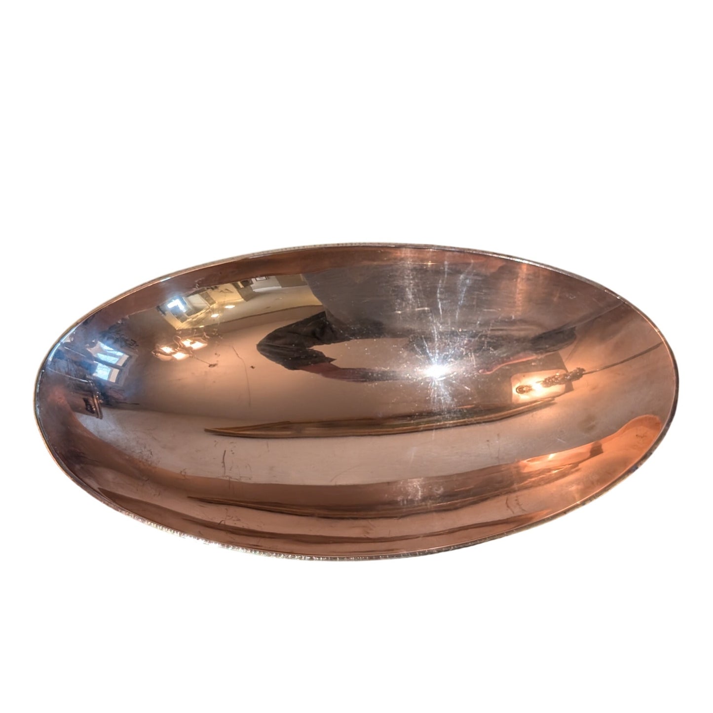 Vintage Elongated Copper Bowl W/ Ornate Brass Feet & Roped Edge