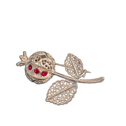 Vintage 1930 Filigree Poppy Ruby Rhinestone Silver Tone Tone Brooch