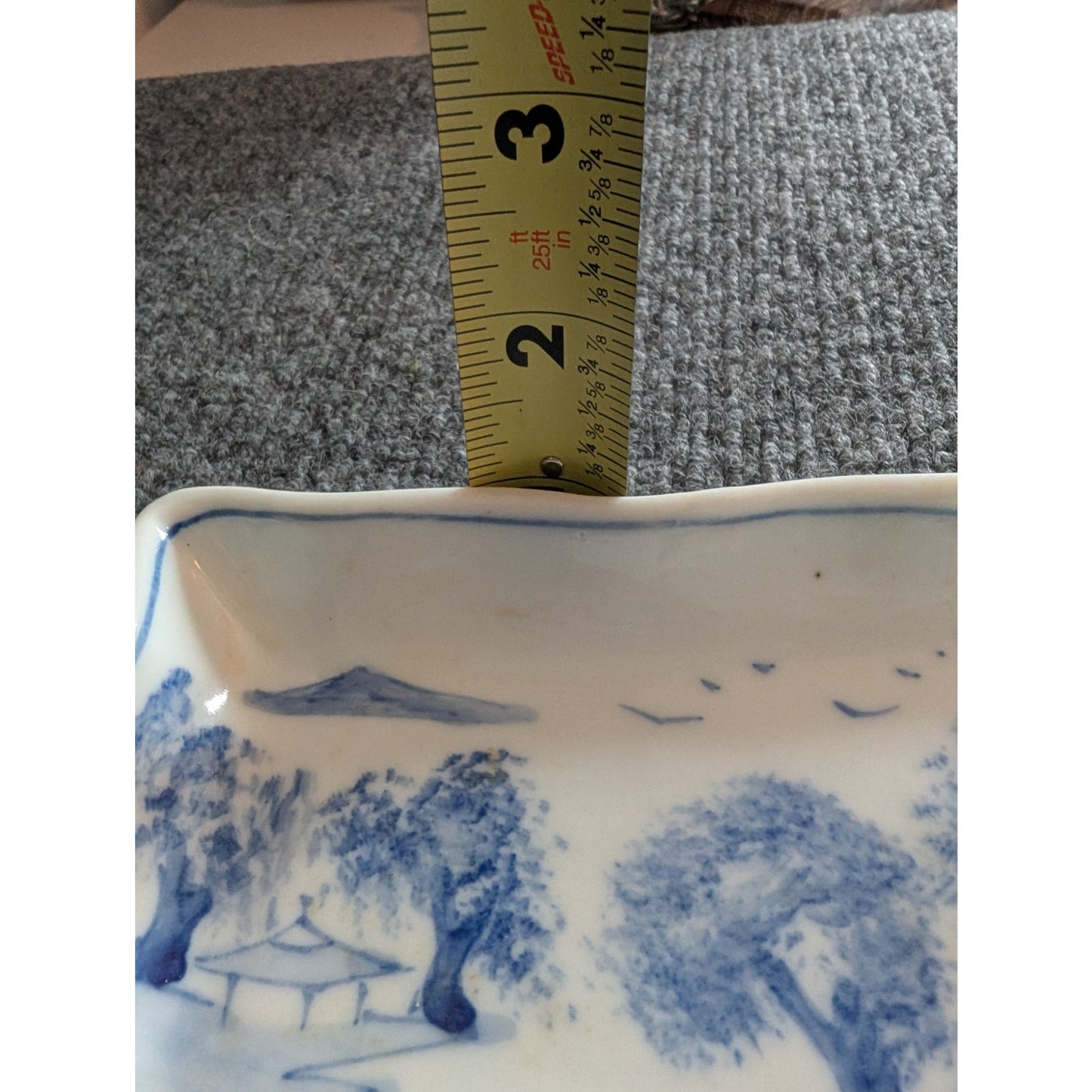 Antique Blue White Scalloped Edge Oblong Misty Landscape Painted Dish