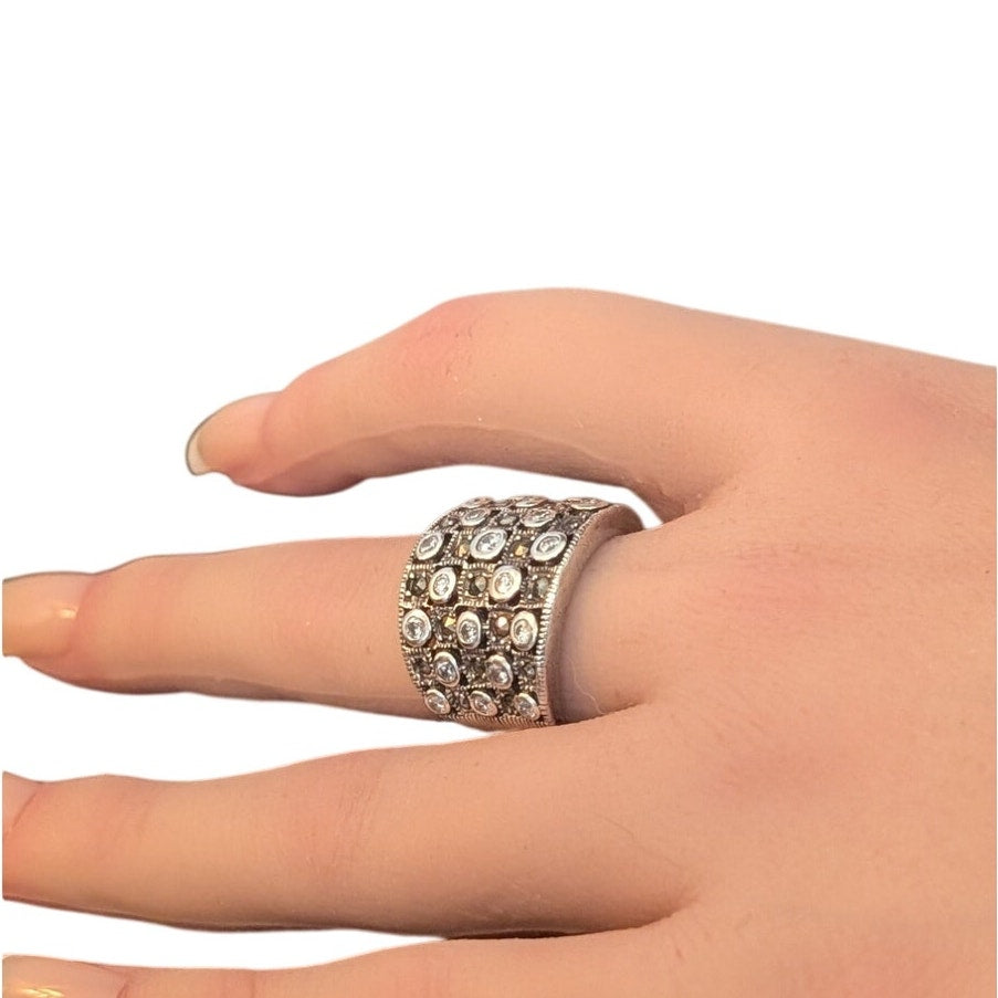 Vtg Sterling Silver 925 Marcasite Cubic Zirconia Wide Band Ring Size 7.5 10.14g
