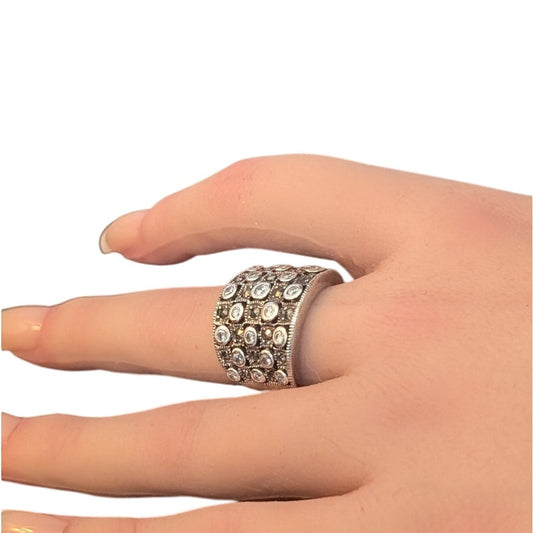 Vtg Sterling Silver 925 Marcasite Cubic Zirconia Wide Band Ring Size 7.5 10.14g