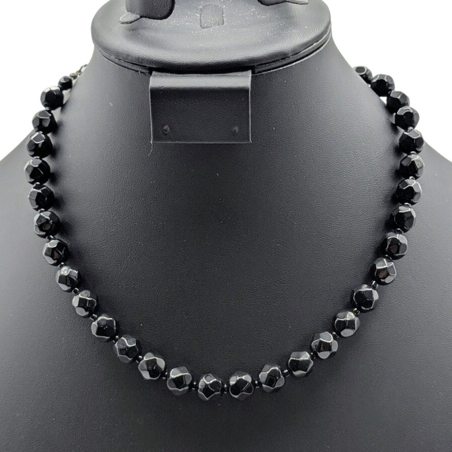 Vintage Black Faceted Glass Bead Hook Clasp 16.5"-18.5" Necklace
