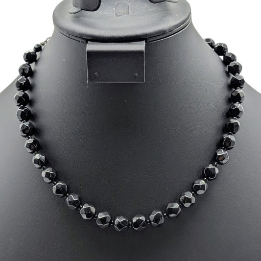 Vintage Black Faceted Glass Bead Hook Clasp 16.5"-18.5" Necklace