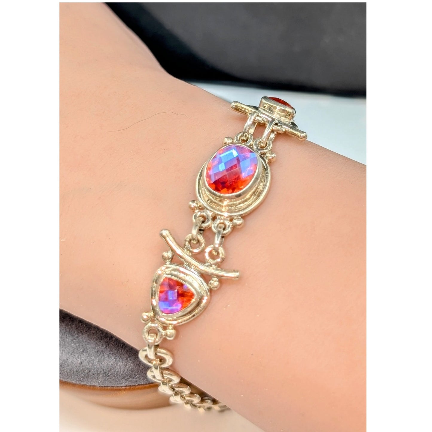 Sajen 925 Sterling Faceted Rainbow Pink Aura Quartz Faceted Gemstone Bracelet