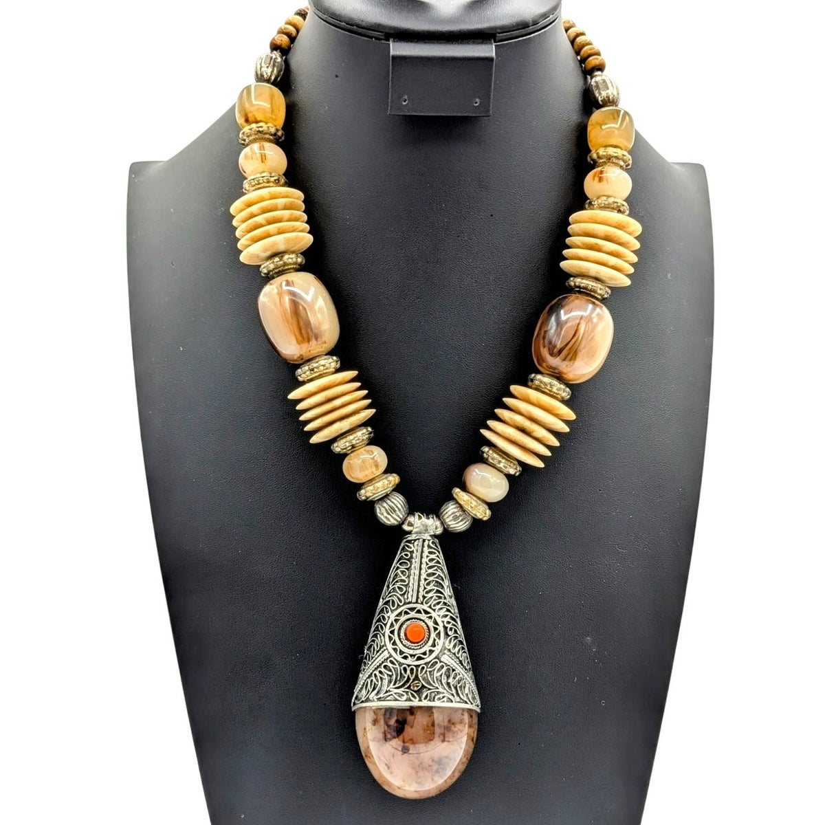 Vintage Tribal Tibetan Heavy Chunky Pendant Beaded 21" Long Necklace