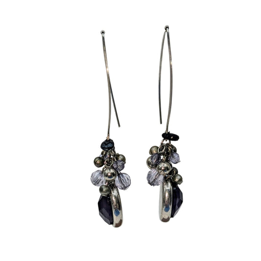 Silver Tone Cluster Bead Long Dangle Earrings