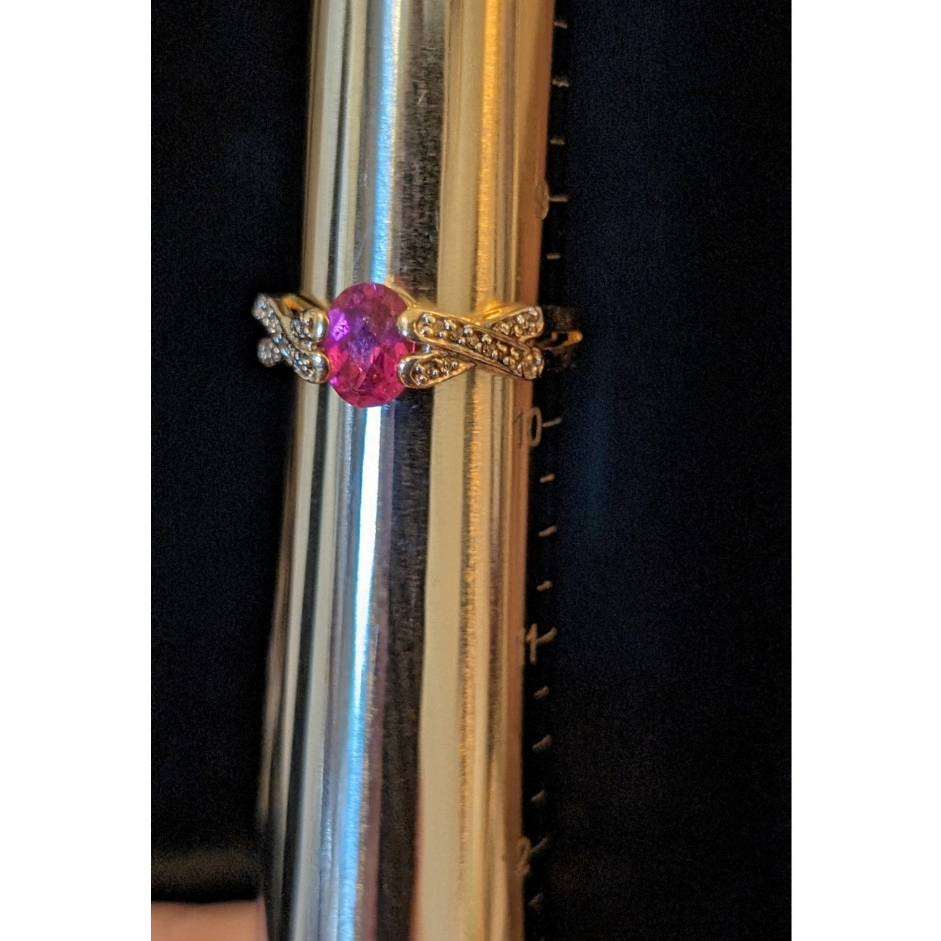 14K Gold Natural Pink Tourmaline & Diamond Criss Cross Band Ring Size 9.5
