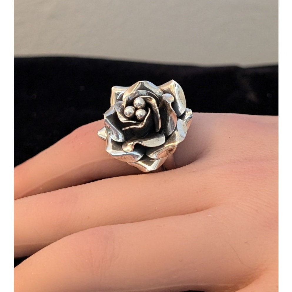 Vintage Mexico 925 Handmade Sterling Silver Large 3D Flower Adjustable Ring 12g