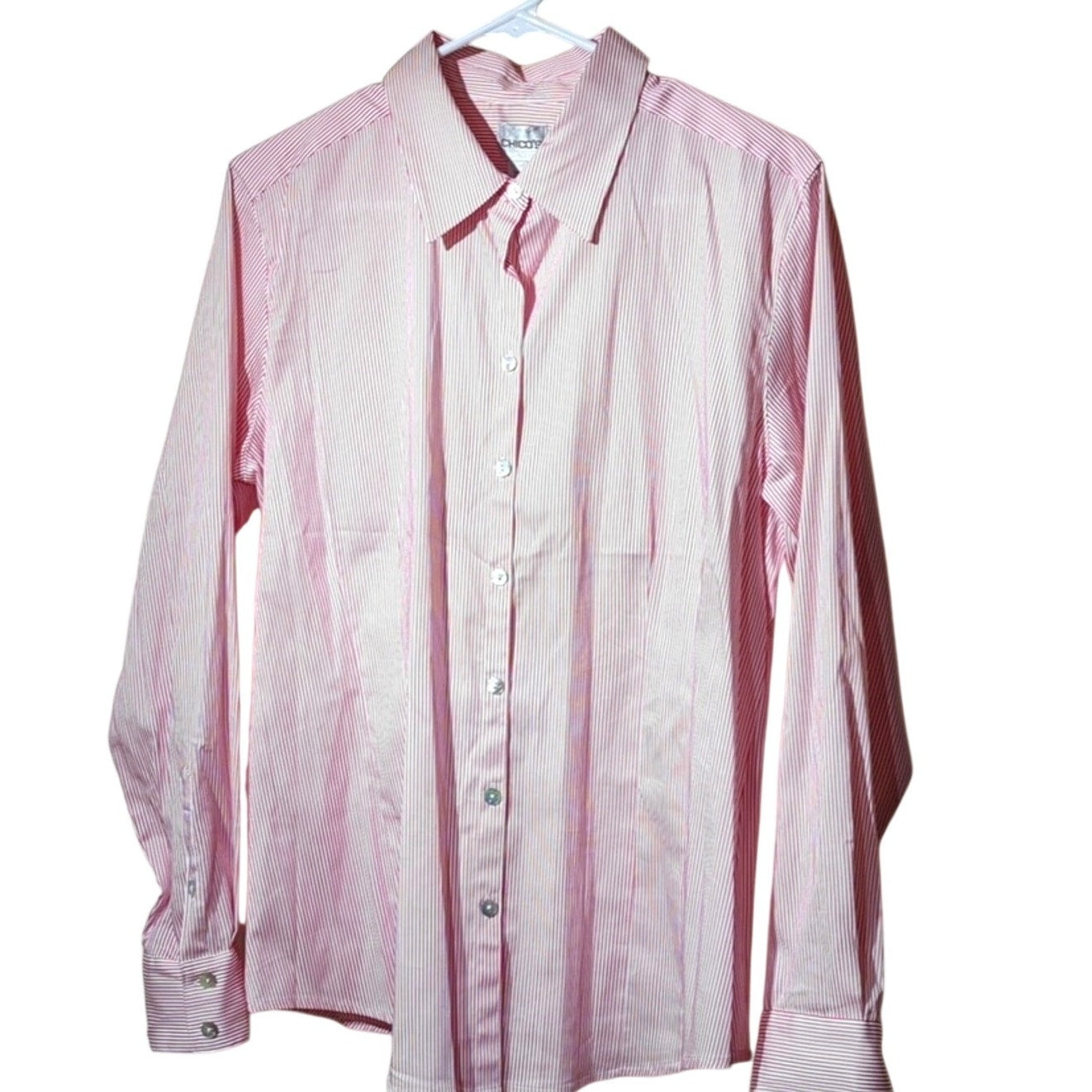 Chico's Red White Stripe Cotton Blend Button Down Shirt Women's Size 2 (US L-12)