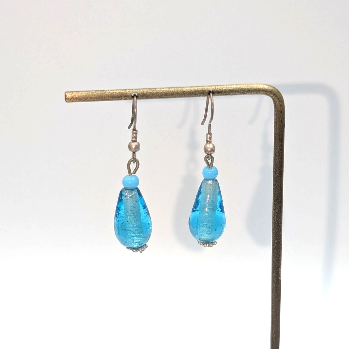 Blue Glass Bead Dangle Silver Tone Wire Earrings