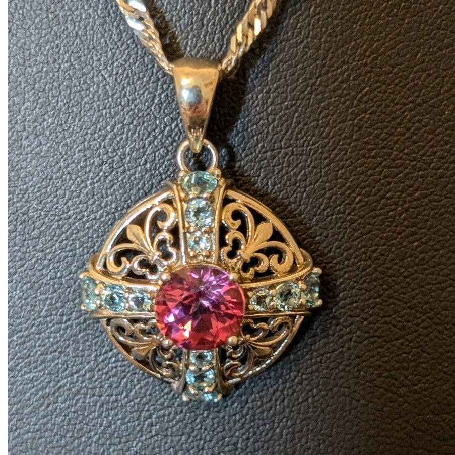 Vintage Santa Maria Aquamarine & Pink Topaz Sterling Filigree Necklace