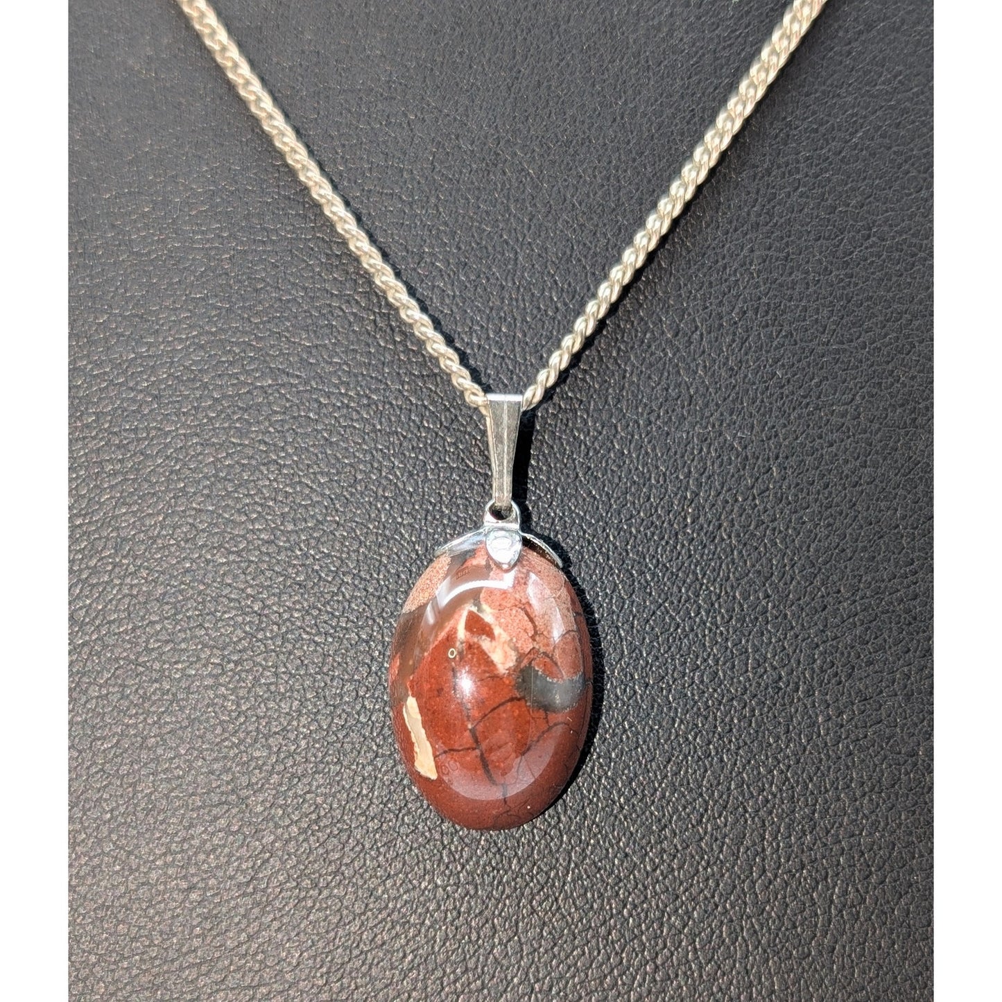 Vintage 925 Sterling Silver Jasper Cabochon Pendant 18" Necklace