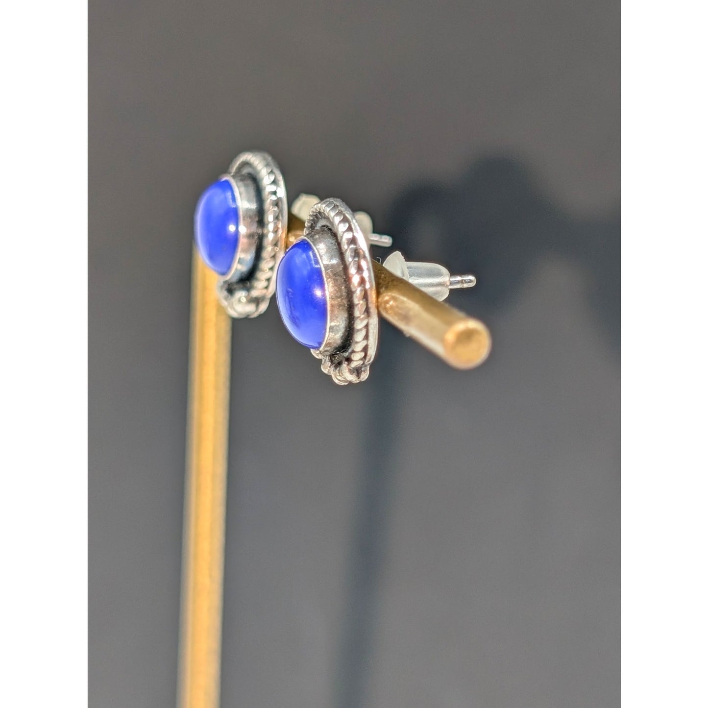 Vintage 925 Sterling Silver Lapis Lazuli Round Beaded Post Earrings