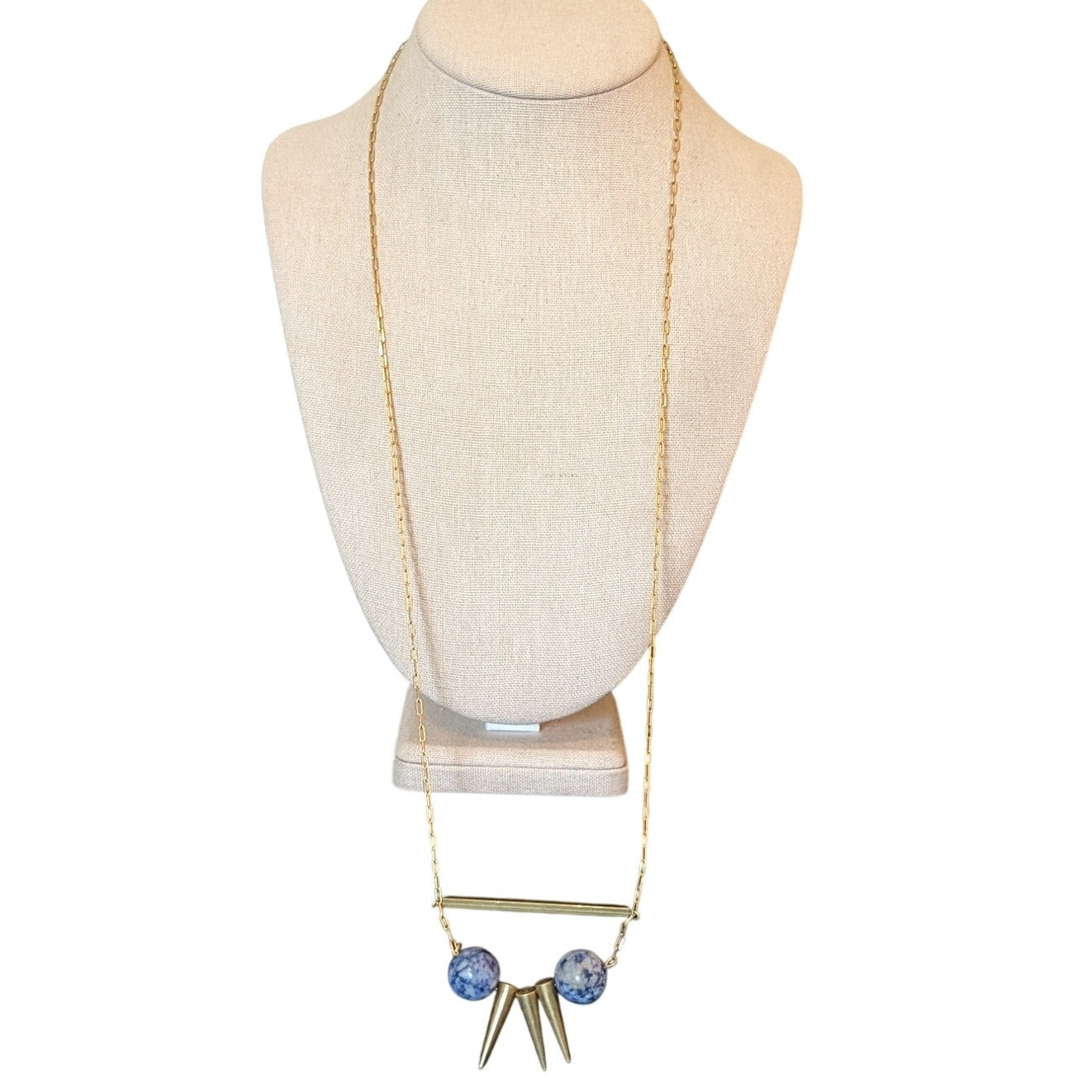 Gold Tone Paperclip Chain Bar Three Cone Two Sodalite Stone Bead Necklace