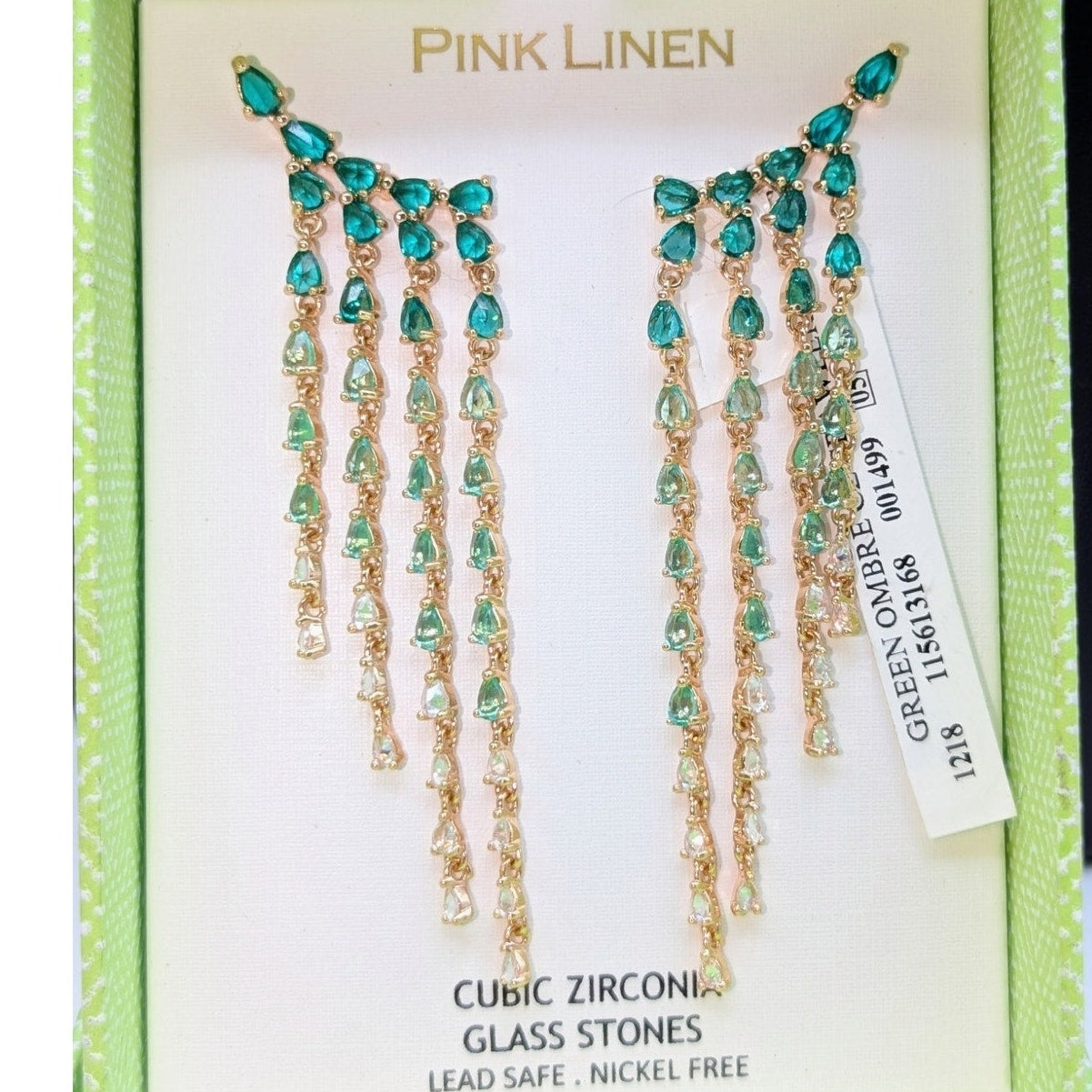 Pink Linen Green Ombre CZ Glass Stones Crawler Cascading Pierced 3" Earrings