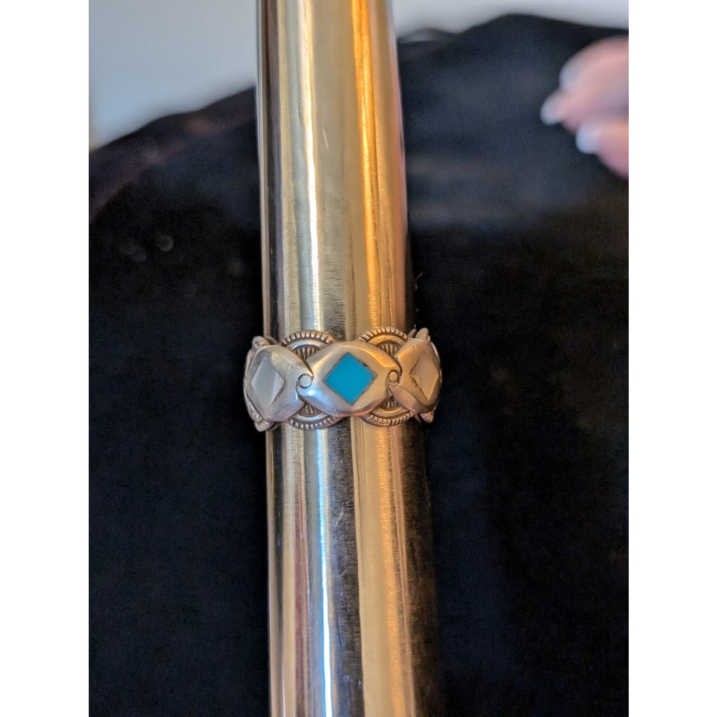 Vintage Signed 925 Sterling Turquoise & MOP Diamond Inlay Band Ring Size 6.75