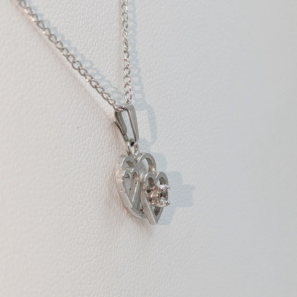 Vintage Dainty Sterling Silver Three Hearts Crystal Pendant Chain 20" Necklace