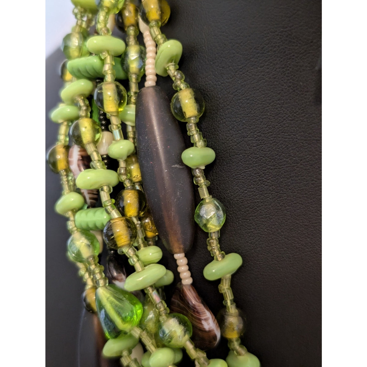 Spring Green Cream & Brown Glass Bead Multi-Strand Choker Necklace