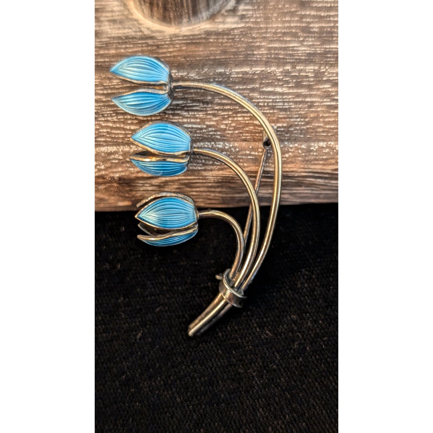 VTG Mid Century Norway 925 Silver 3 Blue Lily Of The Valley Enamel Brooch/Pin