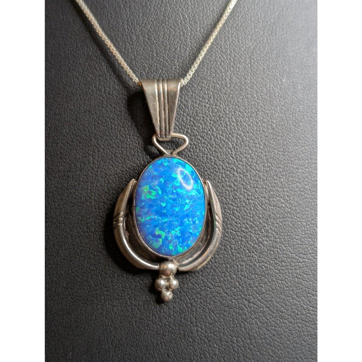 VTG Running Bear- Navajo Sterling Silver Blue Opal Pendant with Box Chain