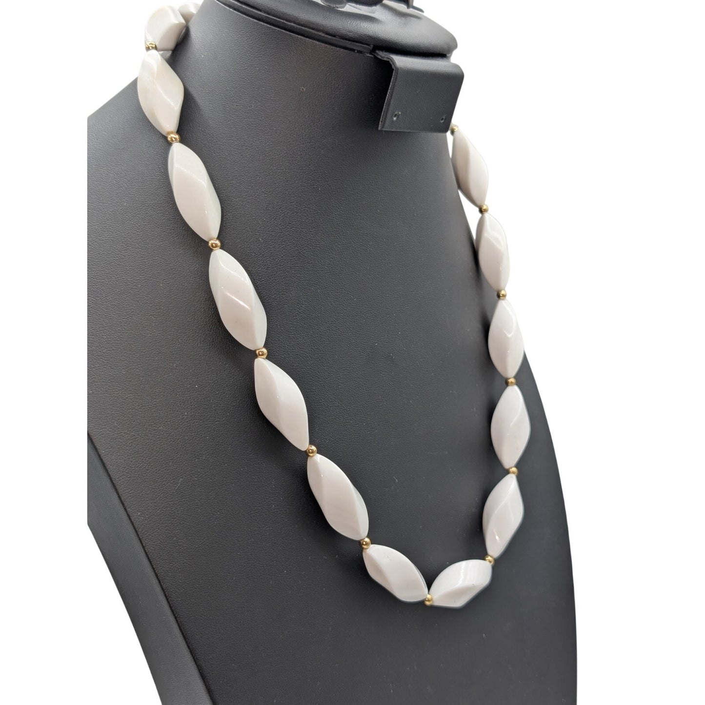 Vintage 70s Signed Trifari White Oblong Twisted Gold Bead 22" Necklace