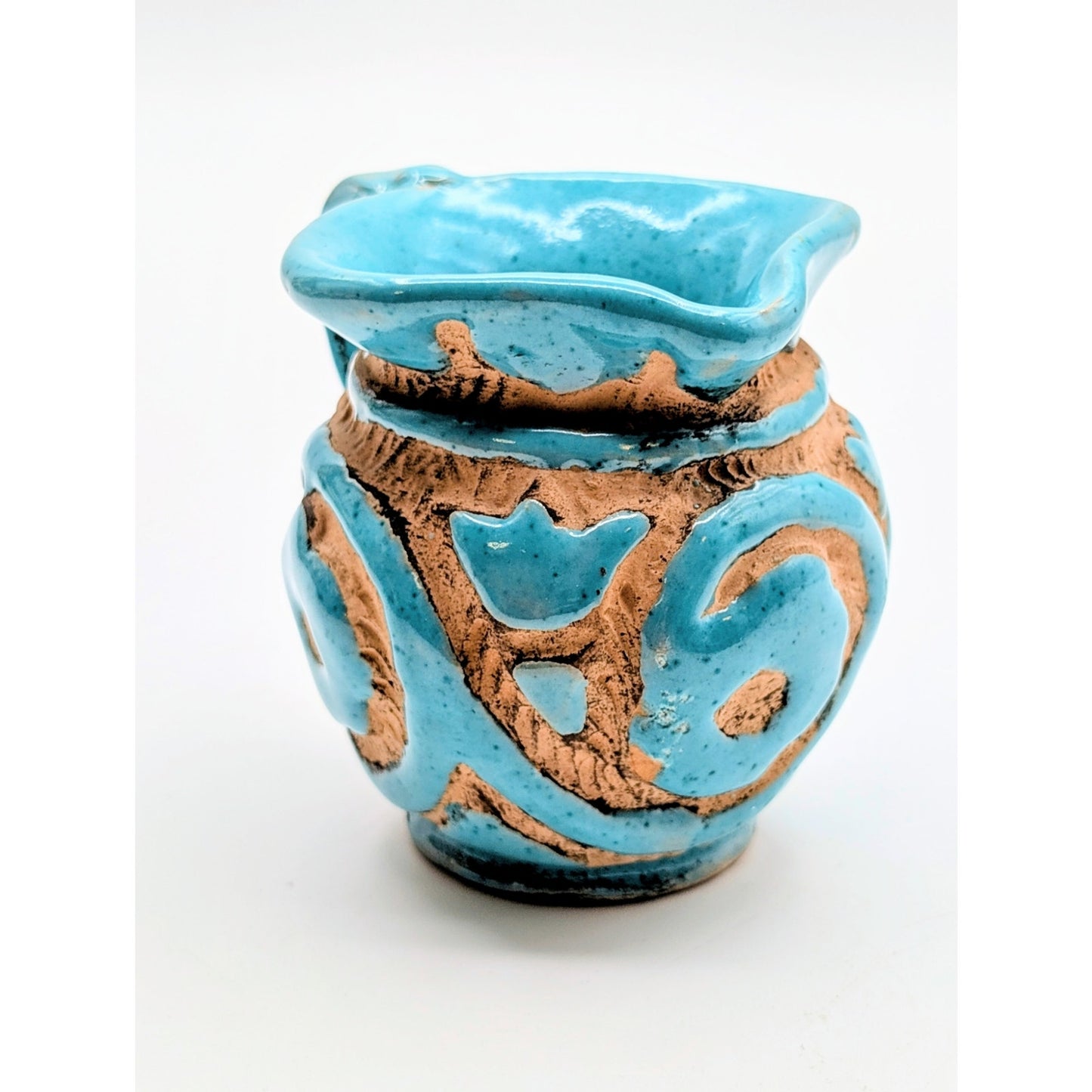 Vtg 50s Italian SACA Sgraffito Art Pottery Aqua Glaze Hand Painted Mini Pitcher