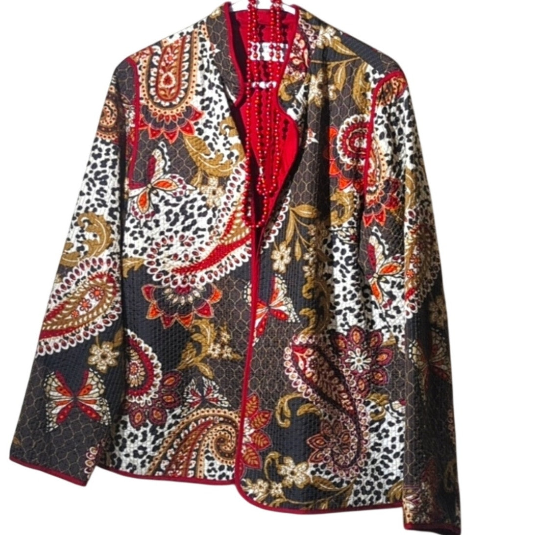 Alfred Dunner Brown/Tan/Red Lightweight Stitched Open Front Jacket Women's Sz 10