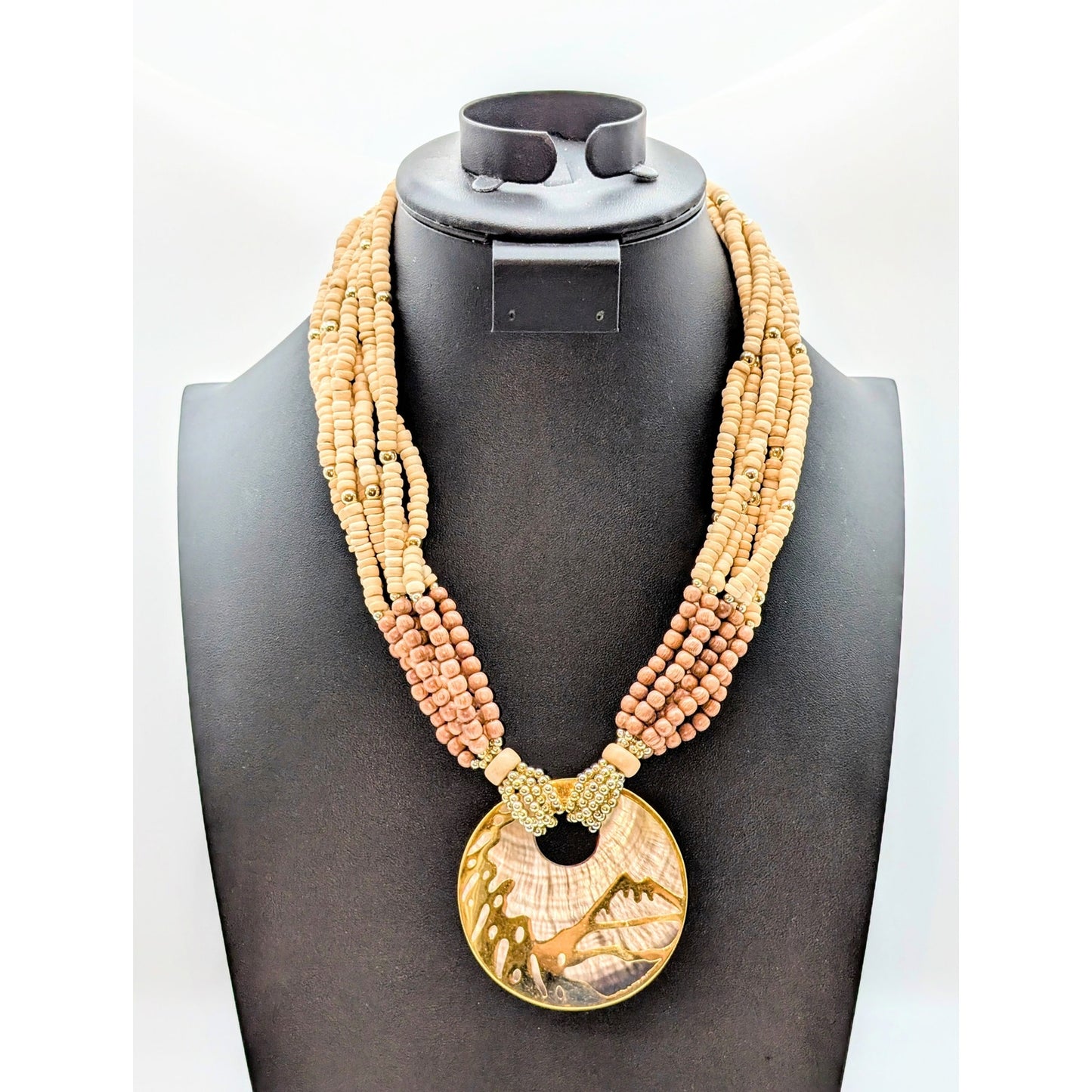 Seven Strand Wood Bead Gold Tone Shell Mountain Scene Disk Pendant 20" Necklace