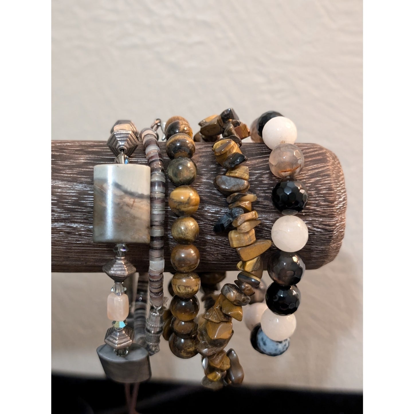 Five Black Gray Brown White Bead/Stone/Crystal Bracelet Lot