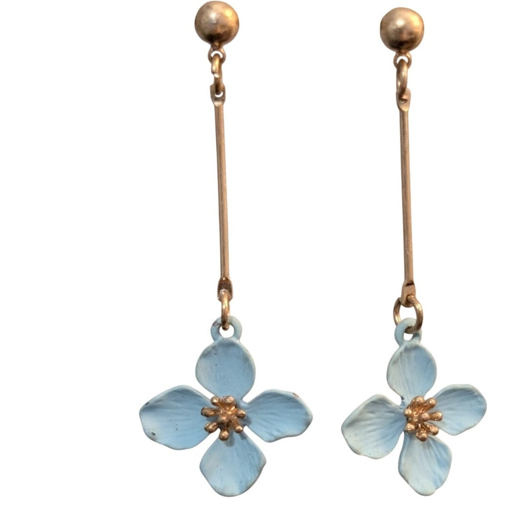 Vintage Light Blue Enamel Flower Gold Tone Dangle Earrings