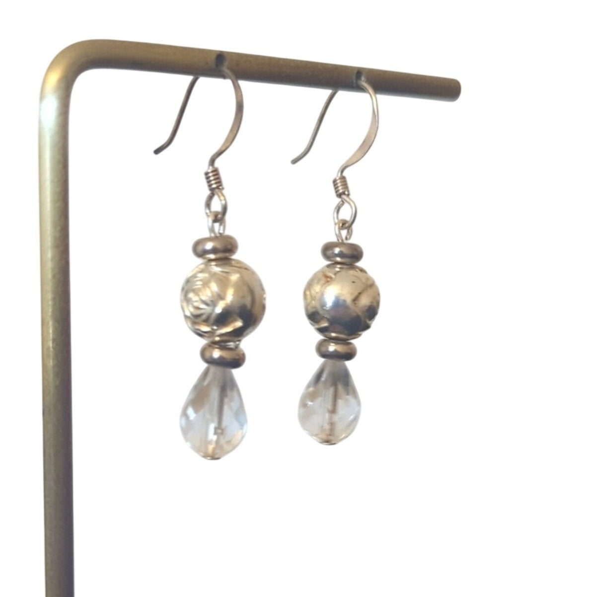 Handmade Crystal Briolette Silver Tone Rose Bead French Wire Dangle Earrings