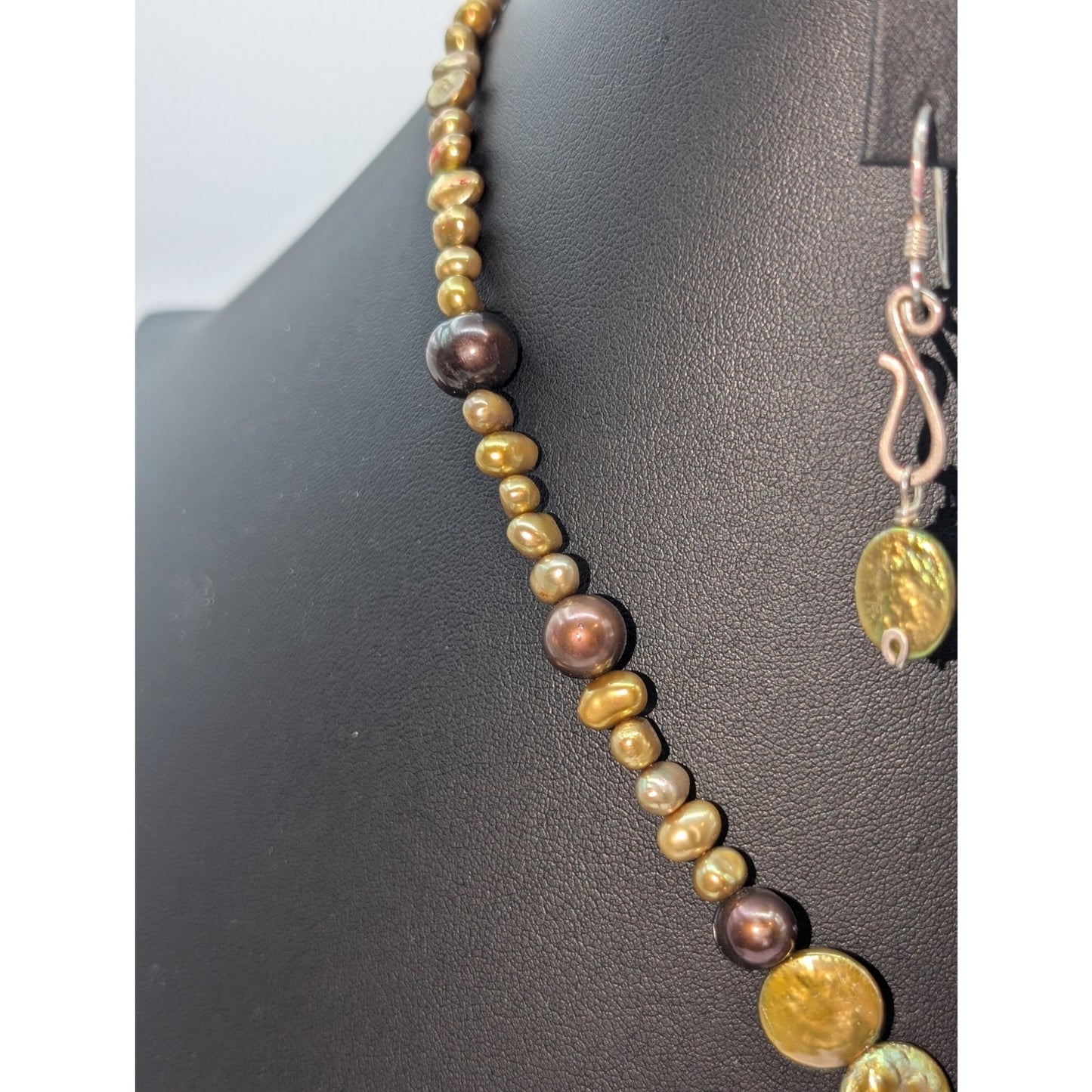 Genuine Green Coin Pearl Antiqued Filigree Square Pendant Necklace & Earring Set
