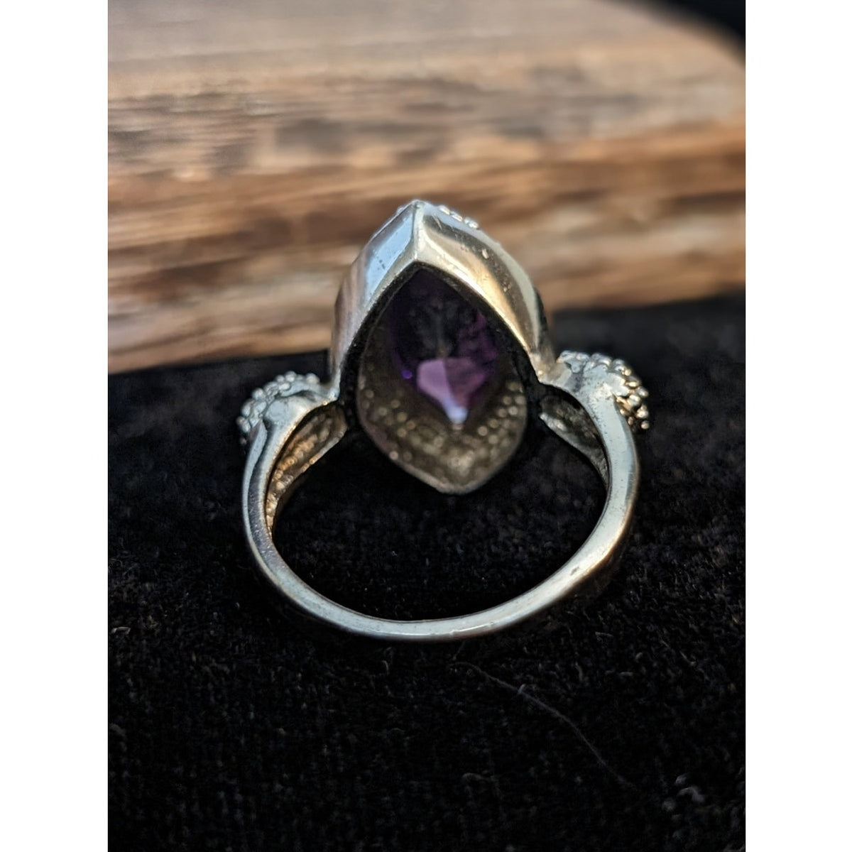 Purple Marquis Cut Glass Silver Tone Unmarked Ring Size 8.25