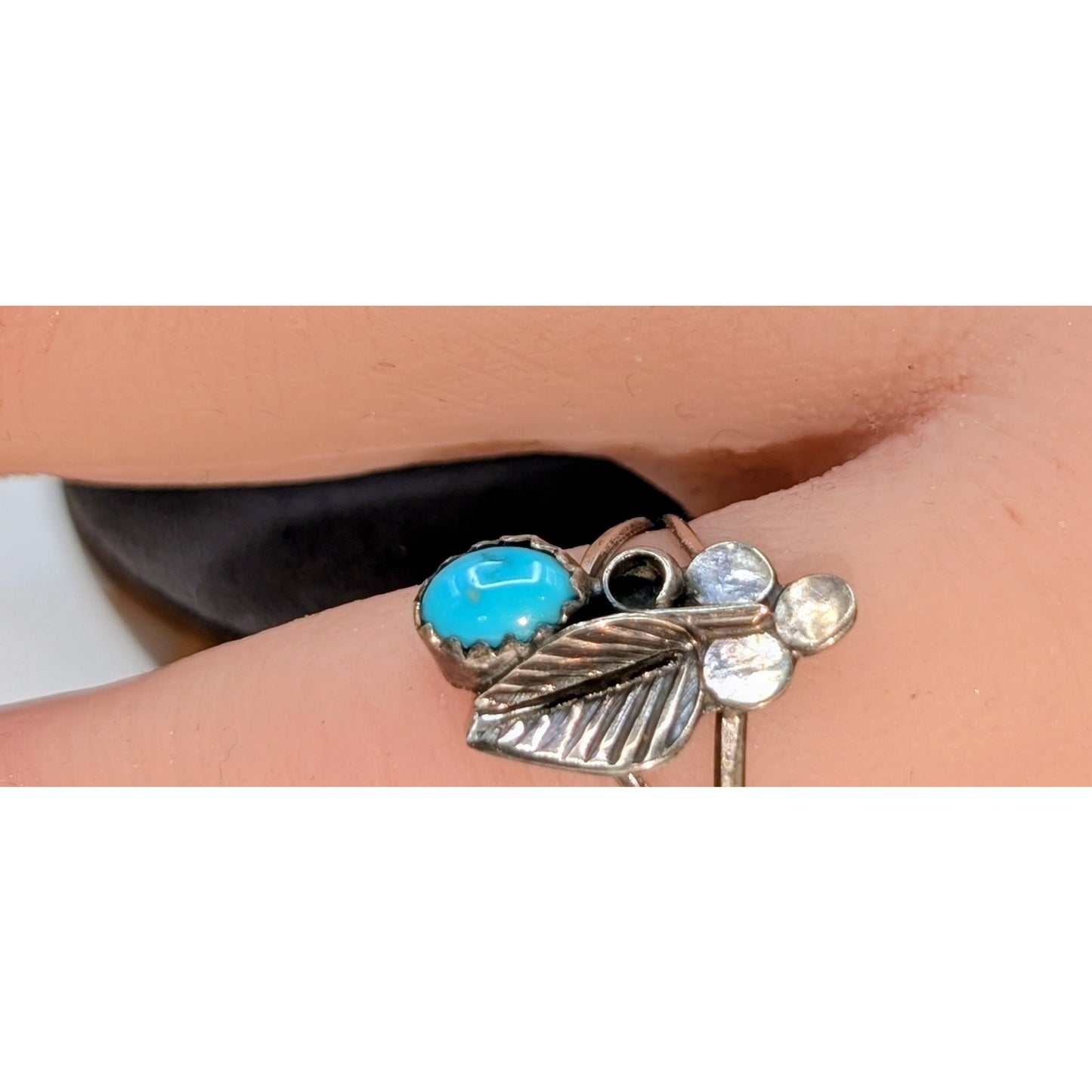 Vintage 925 Sterling Silver Turquoise Leaf Split Shank Thin Band Ring Size 5.25