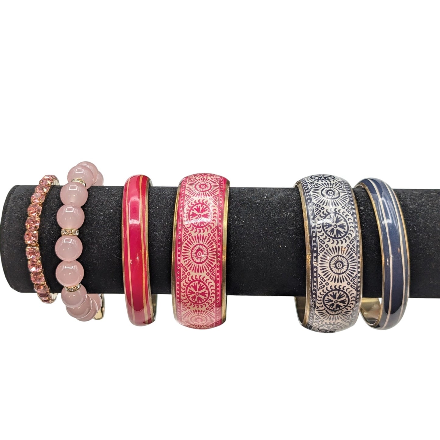 Lot of Six Pink Blue Gold Tone Batik Design & Coordinating Bracelets