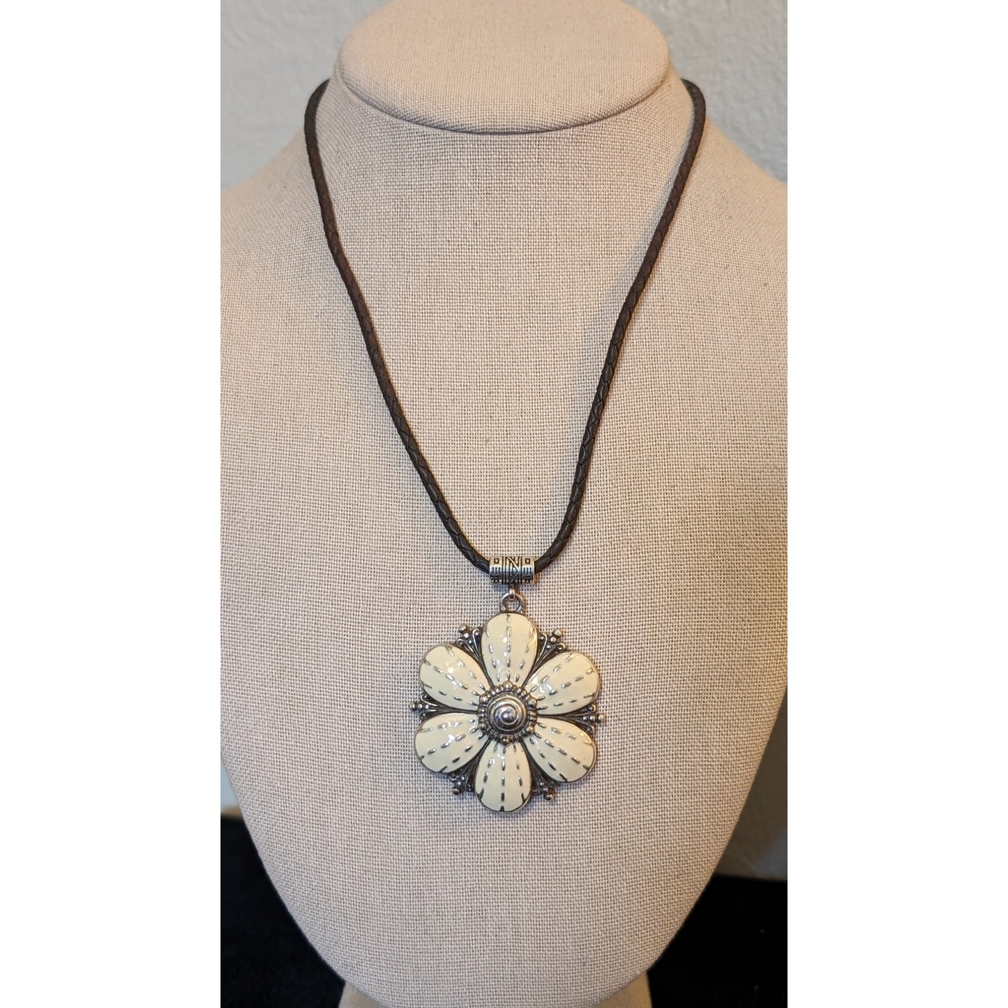 BRIGHTON Retired Rare Cream Enamel Flower Pendant Braided Leather Necklace