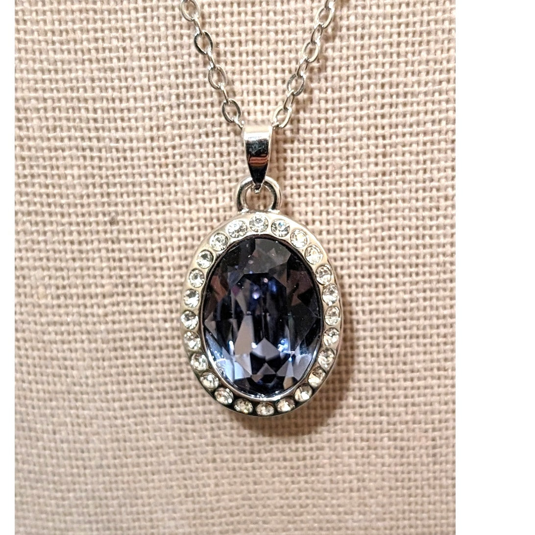 JCM Purple Blue Bezel Set Pendant with Rhinestones On Silver Tone Chain