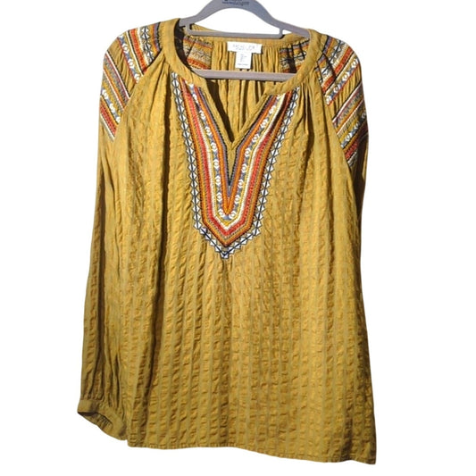 Rachel Zoe Gold Ruched Aztec Design Embroidered V Neck Top Women's Size L