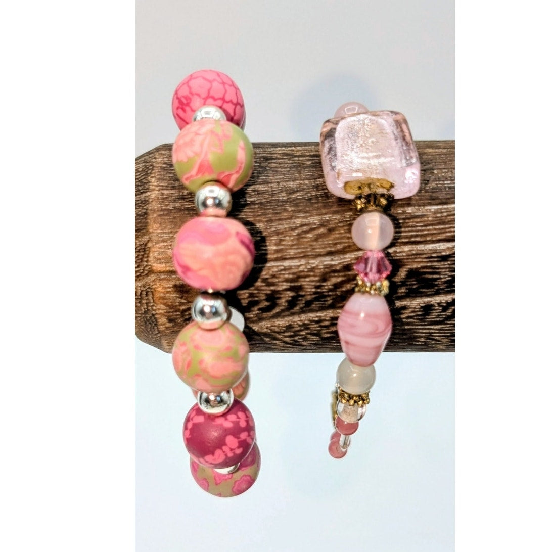 Lot of Two Pink Jilzara Clay Bead Stretch & Lamp Work Glass Bead Bracelets