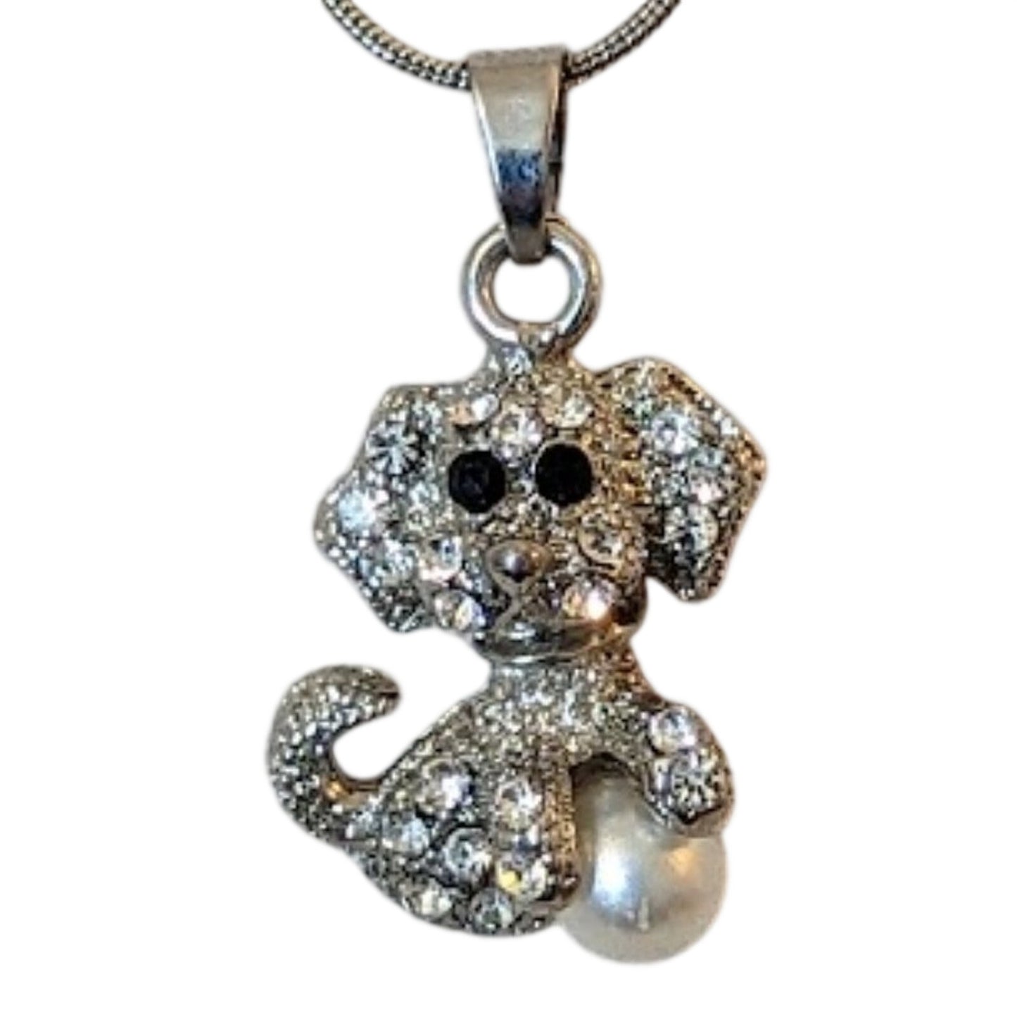 Rhinestone Dog Playing with a Pearl Ball Necklace