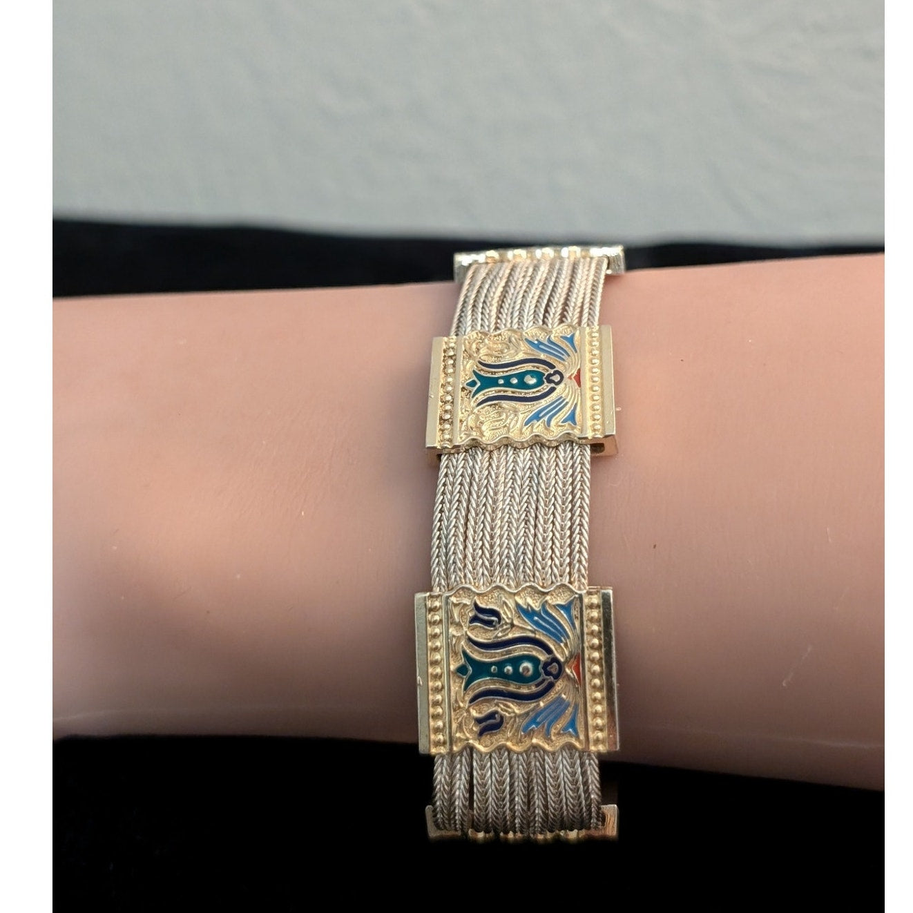 Vintage 925 Sterling Vermeil Enamel Turkish Foxtail Strands Bracelet