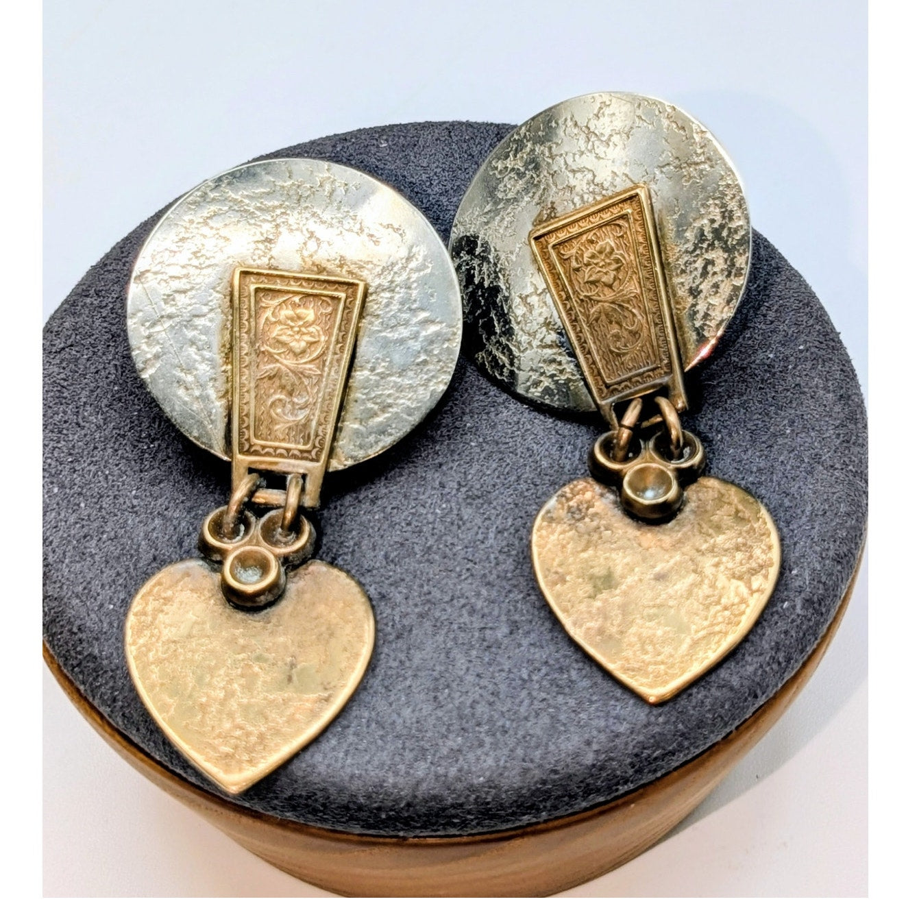 Signed Marjorie Baer SF Mixed Metal Industrial Modern Heart Dangle Clip Earrings