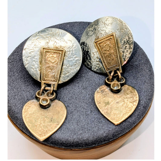 Signed Marjorie Baer SF Mixed Metal Industrial Modern Heart Dangle Clip Earrings