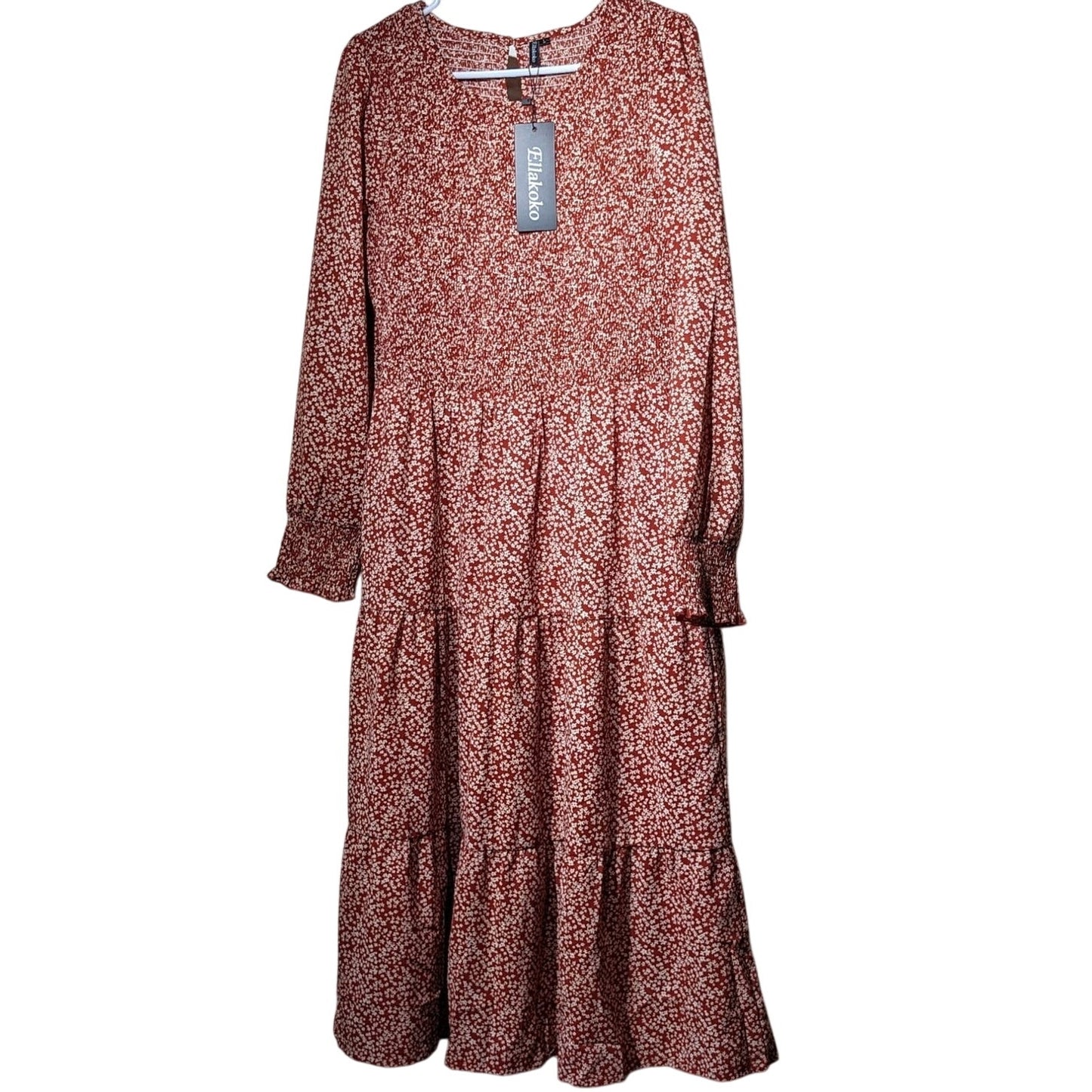 Ellakoko NWT Casual Long Sleeve Smocked Floral Modest Boho Tiered Dress Sz L