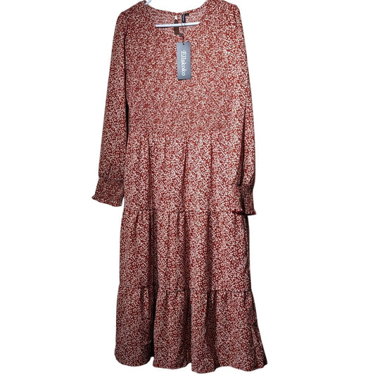 Ellakoko NWT Casual Long Sleeve Smocked Floral Modest Boho Tiered Dress Sz L