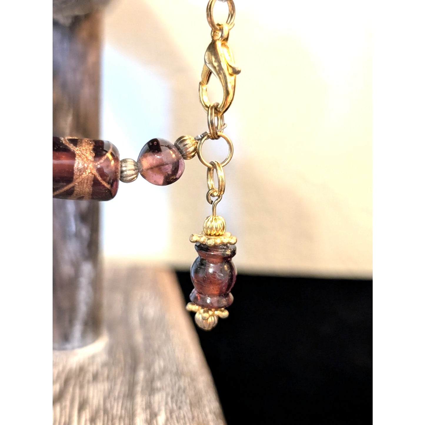 Gold Foil Purple Glass Artisan Beaded Bracelet W/ Bead Dangle
