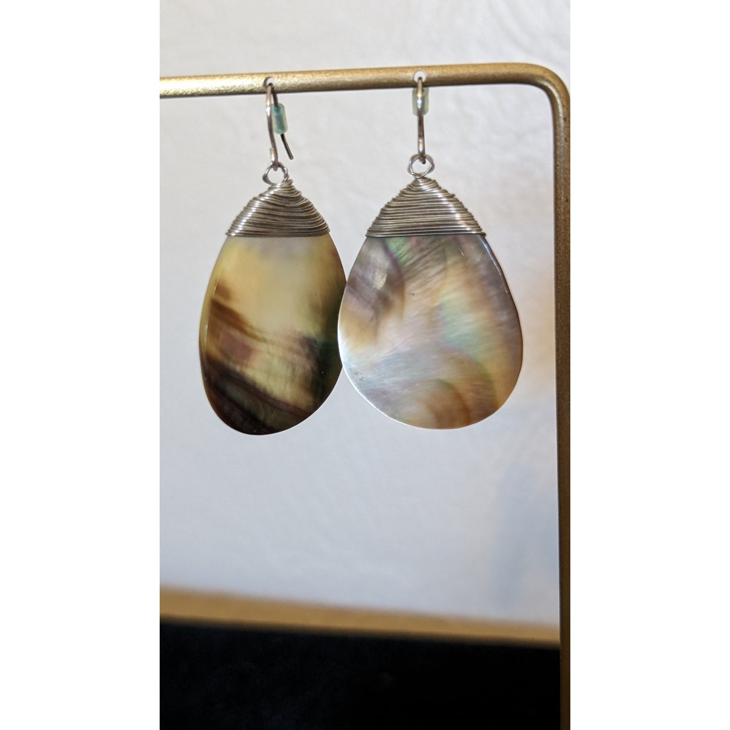 Abalone Mother of Pearl Teardrop Silver Wire Wrapped Earrings