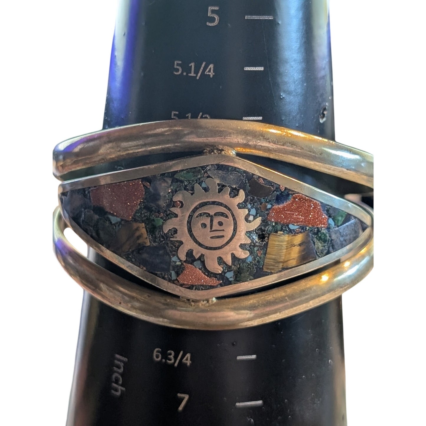 Vintage Mexico Brass Turquoise Tiger Eye Goldstone Inlay Sun Cuff Bracelet