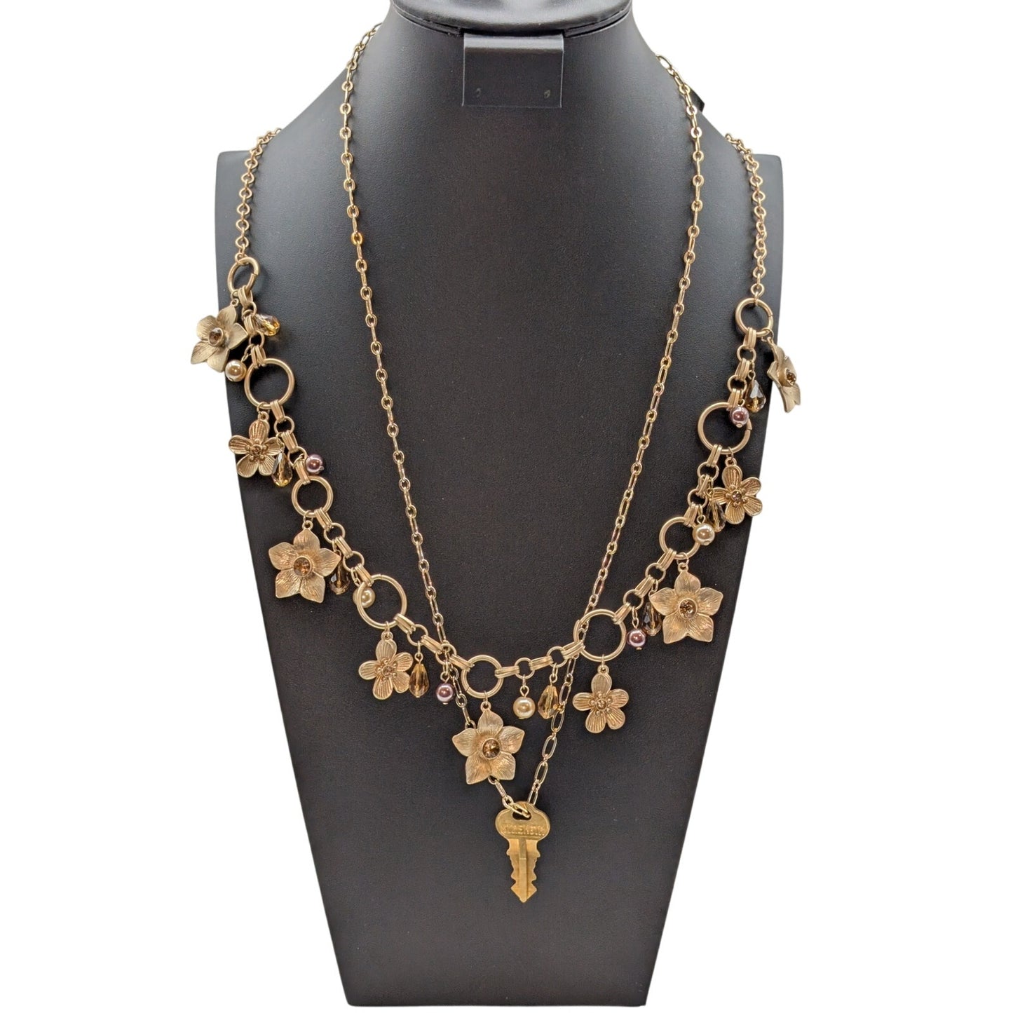 Lot of Two Gold Tone Dangling Flowers & A Giving Key Necklaces