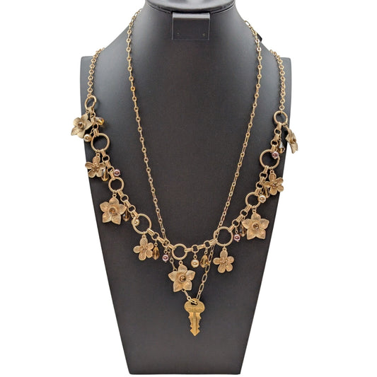 Lot of Two Gold Tone Dangling Flowers & A Giving Key Necklaces